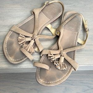 Stuart weirzman tan cross front worn and loved flats